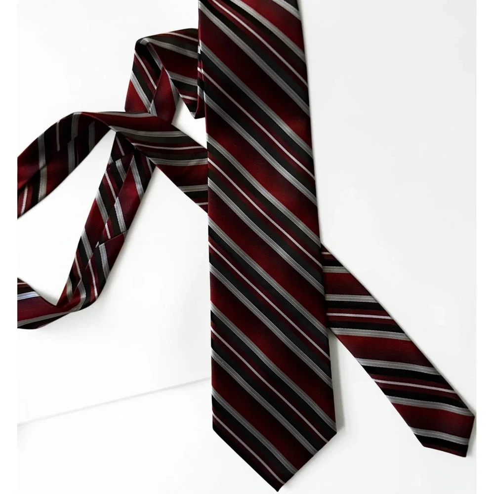 Pierre Cardin Mens Silk Blend Necktie Burgundy Red Black Silver Striped Formal